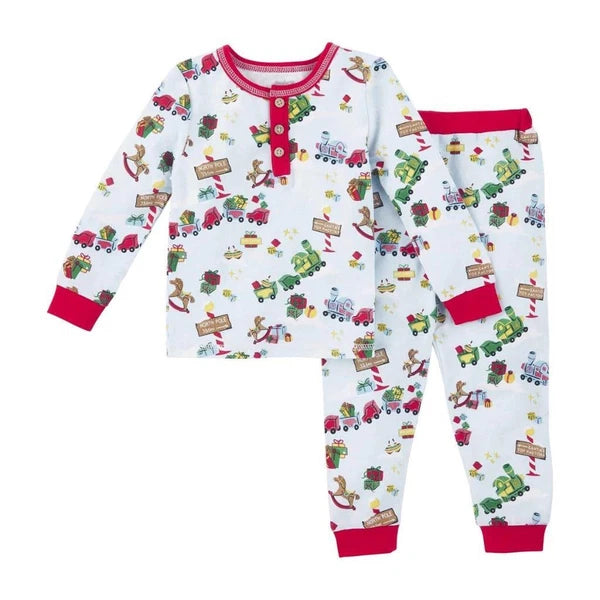 Mud Pie Kids Santa's North Pole Toyland Print Blue Christmas 2 Pc Pajama Set