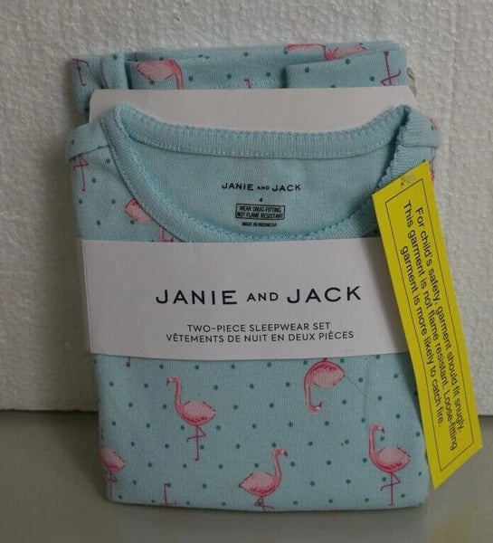 NEW Janie & Jack 2 PC Pink Flamingo Pajama SET Long Sleeve Blue COTTON PJ 4
