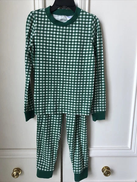 Nordstrom Kids Fitted Cotton Pajama Set in Green Evergreen Gingham Sizes 6, 7