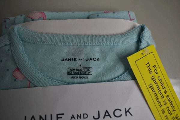 NEW Janie & Jack 2 PC Pink Flamingo Pajama SET Long Sleeve Blue COTTON PJ 4