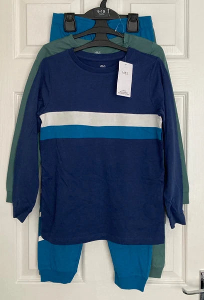 NEW M&S Boys Indigo Mix Pure Cotton Pyjamas Set 2 Pairs Sizes 9-10 & 12-13 Years