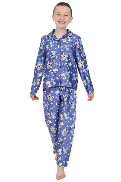 Disney Stitch And Angel Girls Long Purple Satin Pyjama Set for Kids